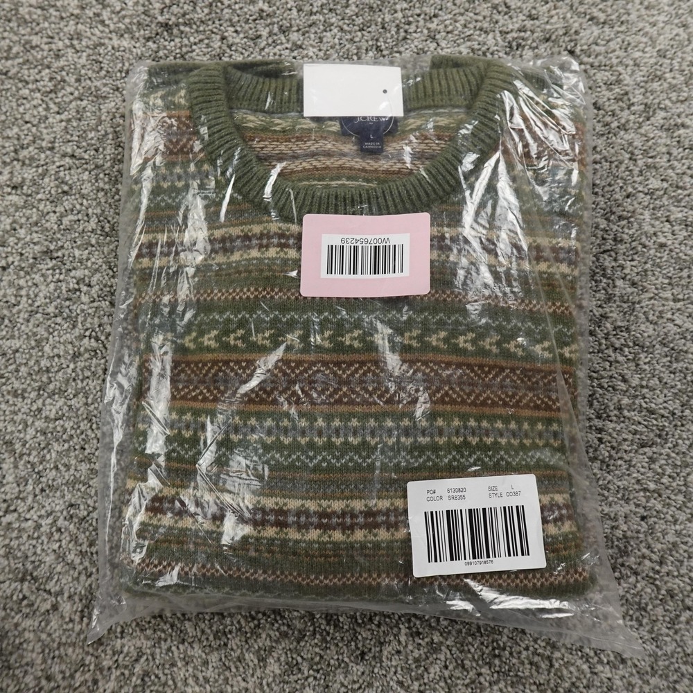 NEW J Crew Sweater Mens L Green Fair Isle Lambswool Crewneck Knit Pullover Cozy - Picture 11 of 13